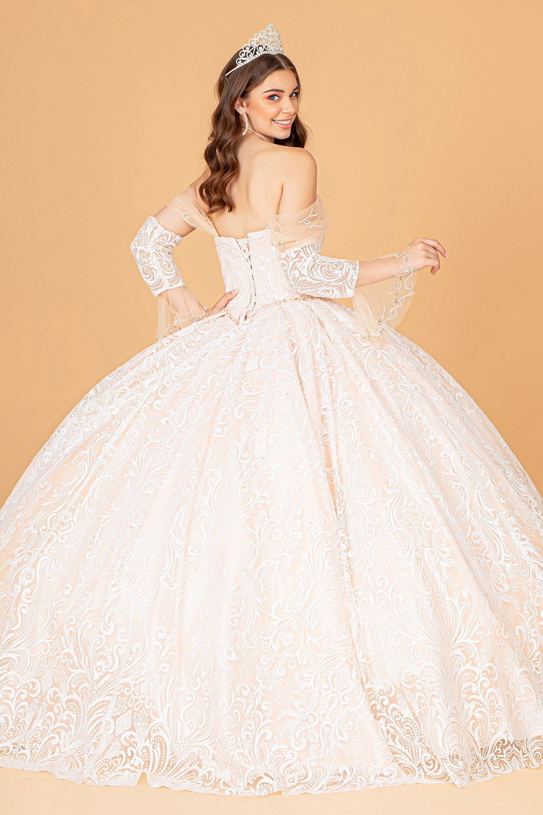 Jewel Mesh w/ Mini Bag and Separate Long Sleeves Quinceanera Dress GLGL3073-2
