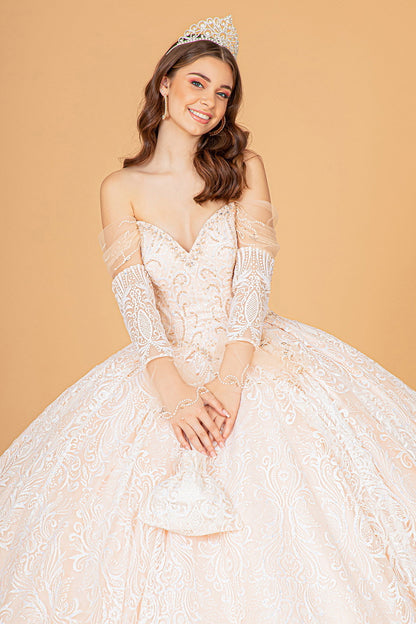 Jewel Mesh w/ Mini Bag and Separate Long Sleeves Quinceanera Dress GLGL3073-3