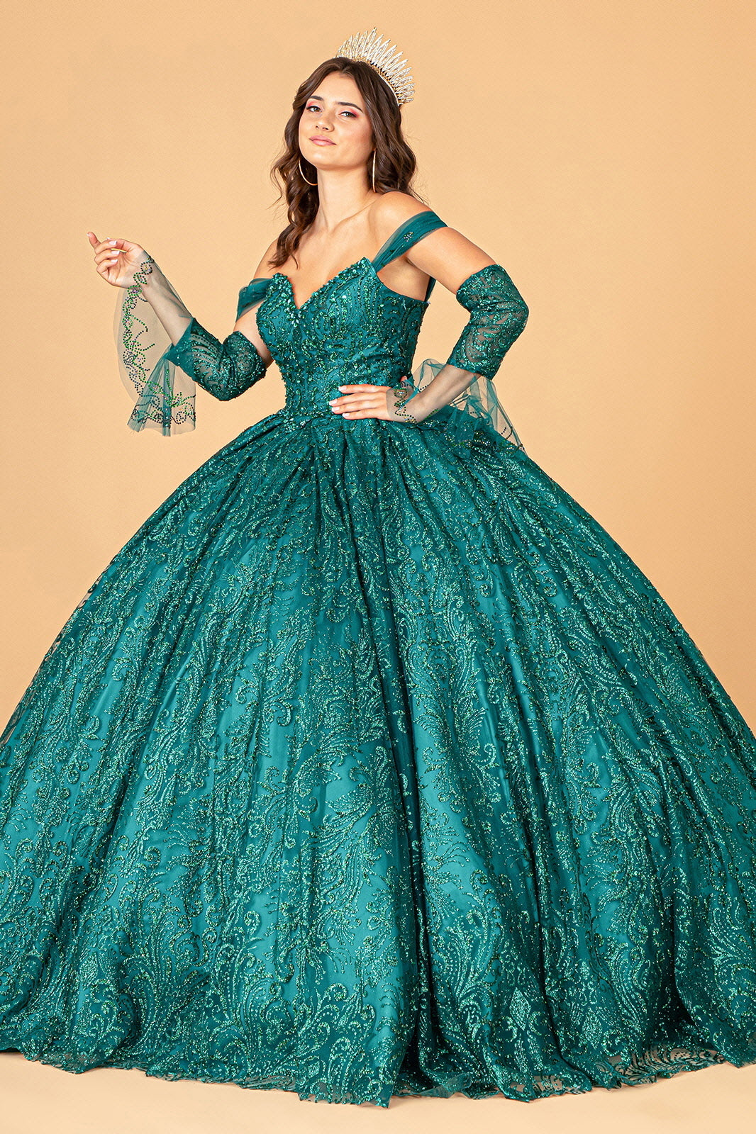Jewel Mesh w/ Mini Bag and Separate Long Sleeves Quinceanera Dress GLGL3073-5