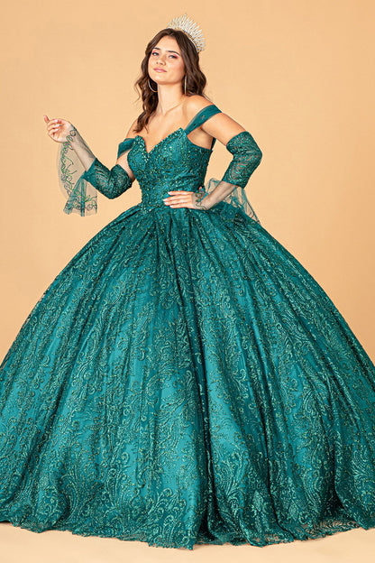 Jewel Mesh w/ Mini Bag and Separate Long Sleeves Quinceanera Dress GLGL3073-5
