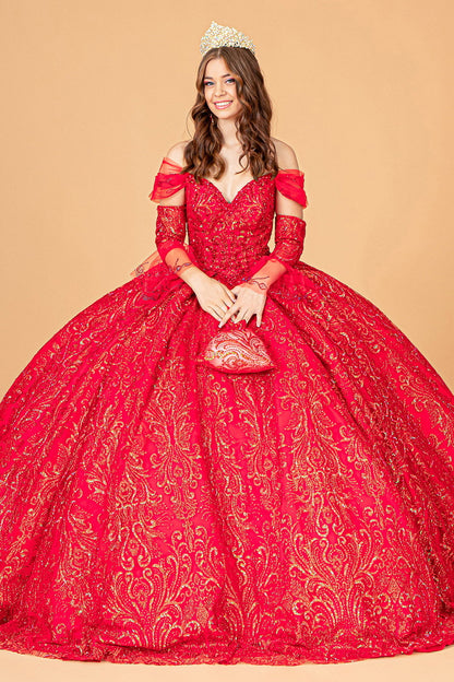 Jewel Mesh w/ Mini Bag and Separate Long Sleeves Quinceanera Dress GLGL3073-0