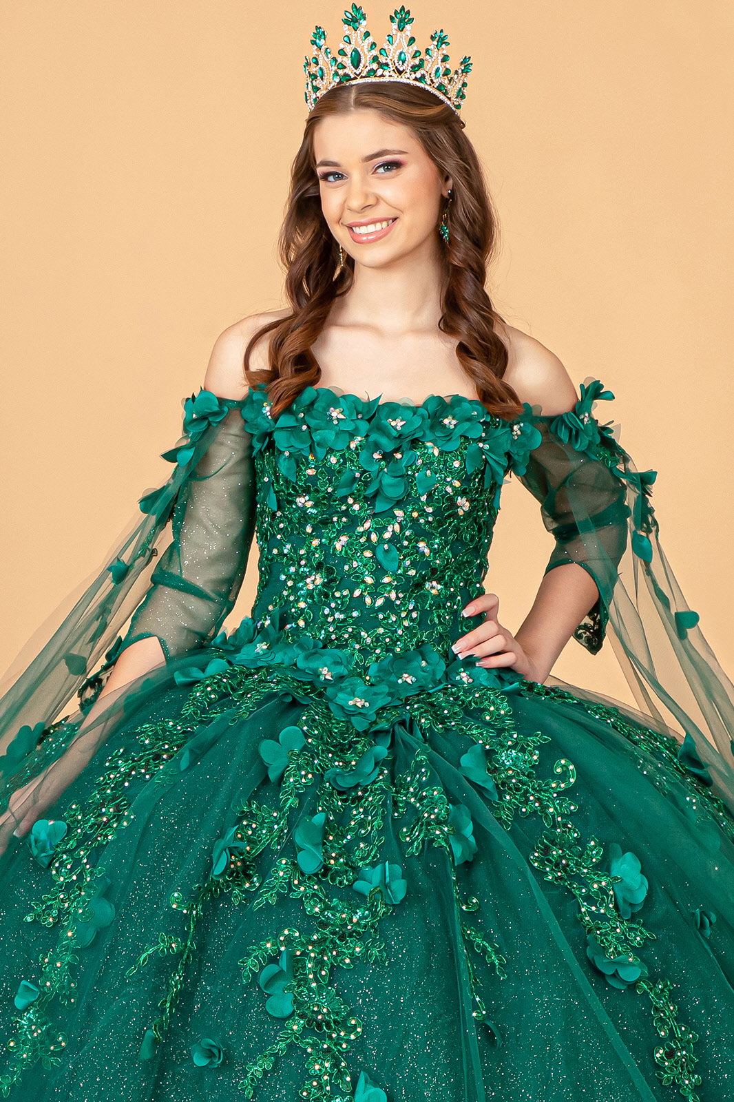 Off Shoulder Mesh w/ Shoulder Side Mesh Drapes Quinceanera Dress GLGL3075-4