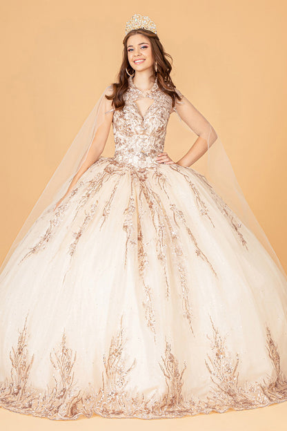 Sequins Embellished Long Quinceanera Gown w/ Detachable Cape GLGL3076-0