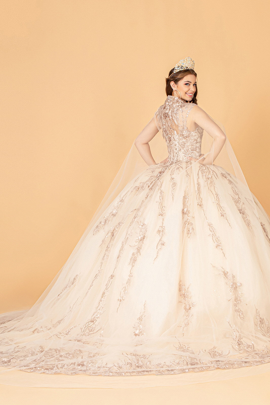 Sequins Embellished Long Quinceanera Gown w/ Detachable Cape GLGL3076-1
