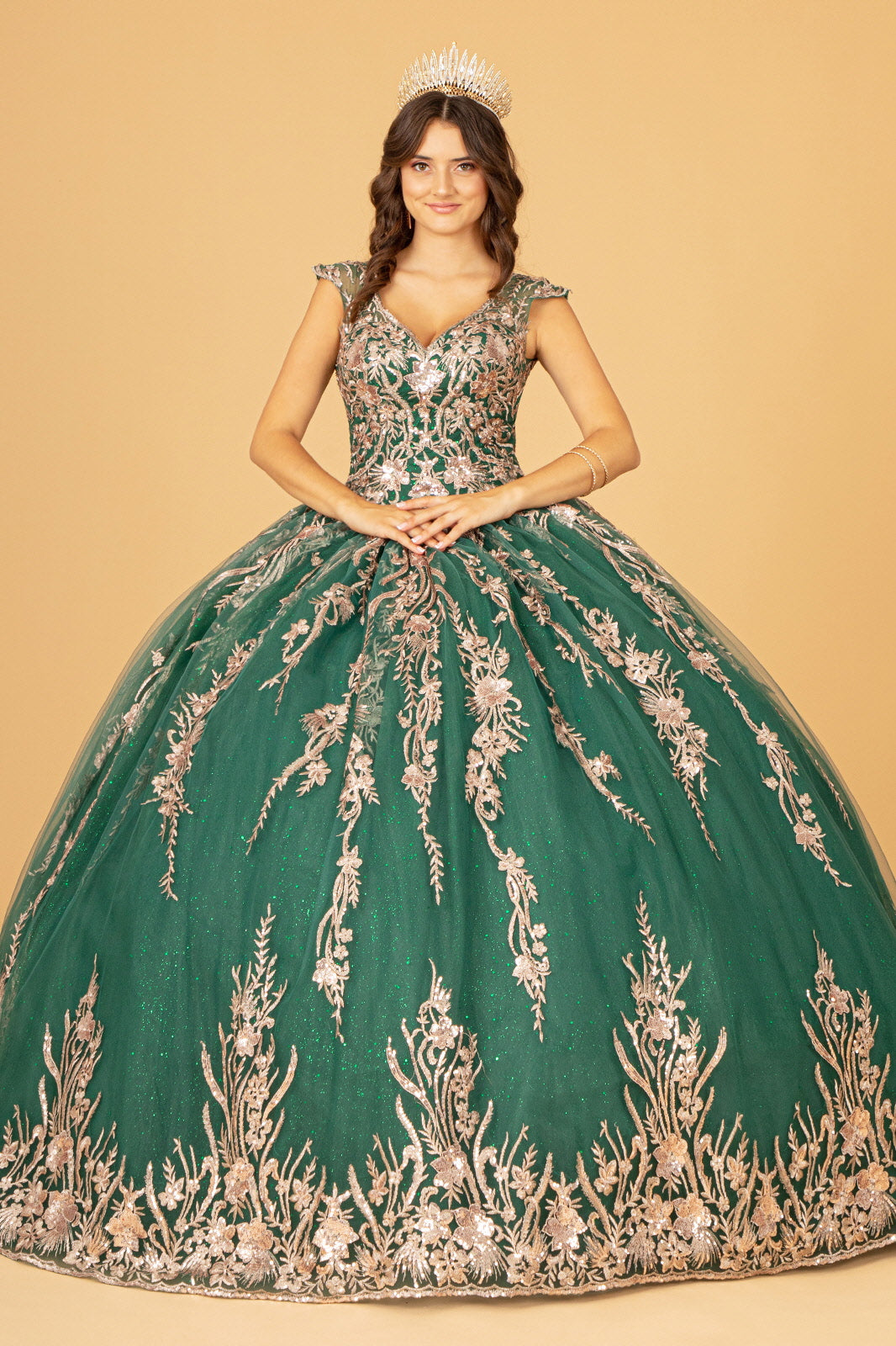 Sequins Embellished Long Quinceanera Gown w/ Detachable Cape GLGL3076-5