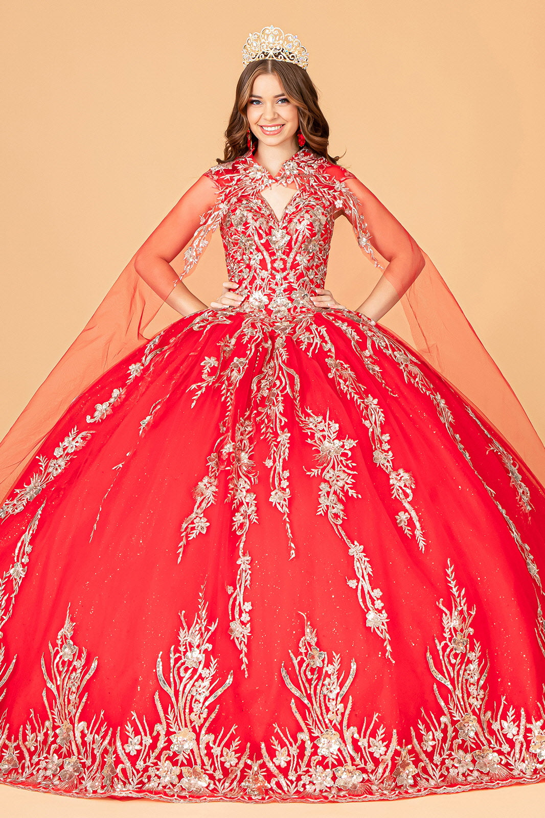 Sequins Embellished Long Quinceanera Gown w/ Detachable Cape GLGL3076-6