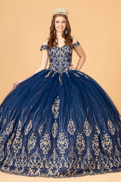 Glitter Mesh w/ Sequin and Beads Long Quinceanera Dress GLGL3079-0