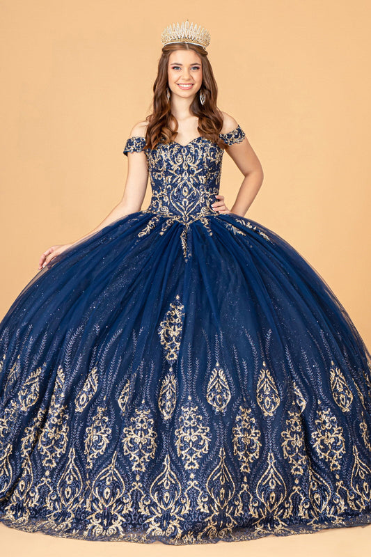 Glitter Mesh w/ Sequin and Beads Long Quinceanera Dress GLGL3079-0