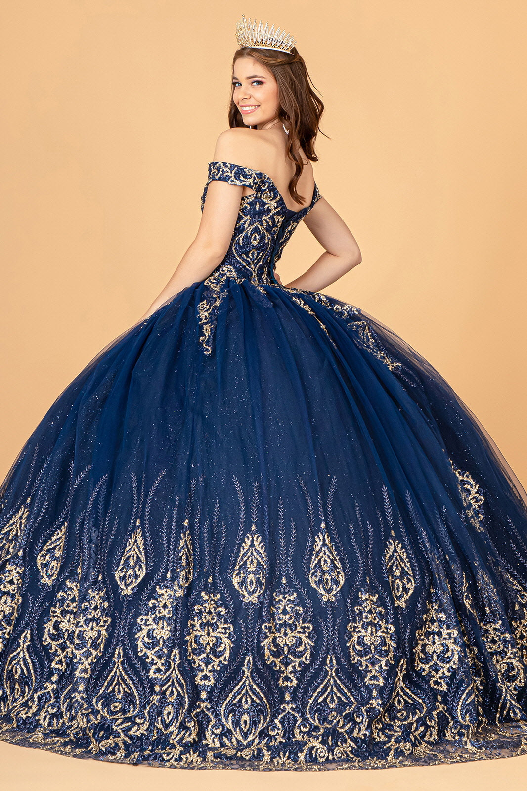 Glitter Mesh w/ Sequin and Beads Long Quinceanera Dress GLGL3079-1