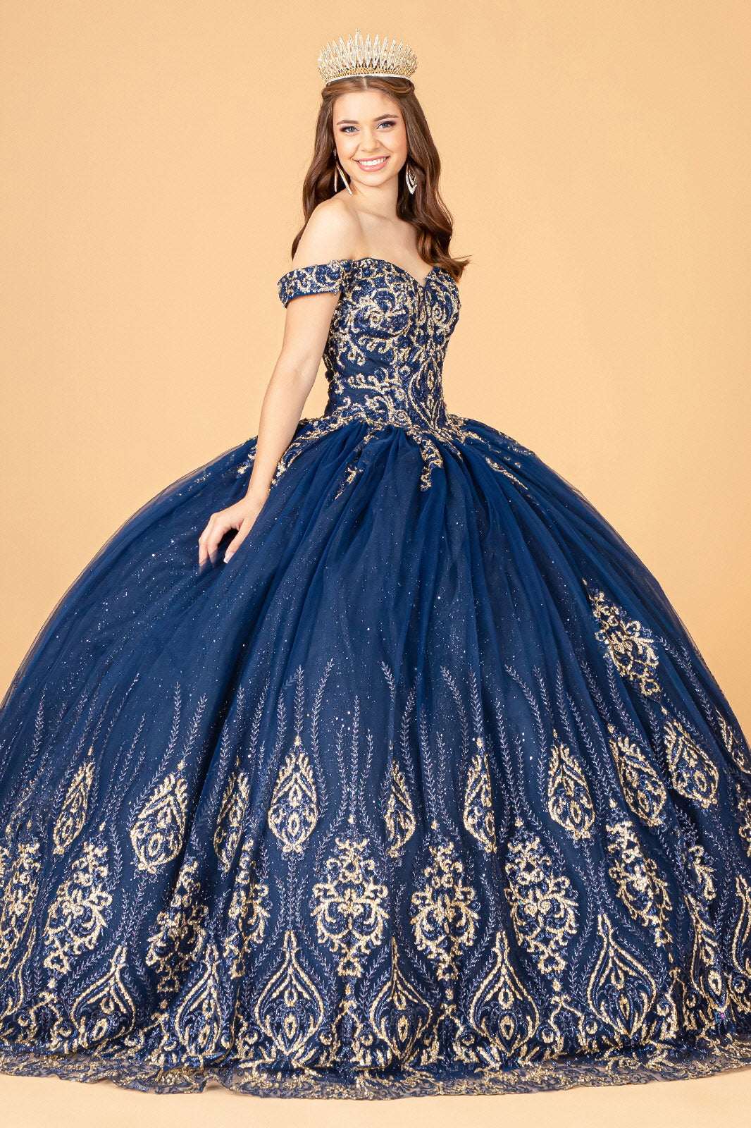 Glitter Mesh w/ Sequin and Beads Long Quinceanera Dress GLGL3079-2