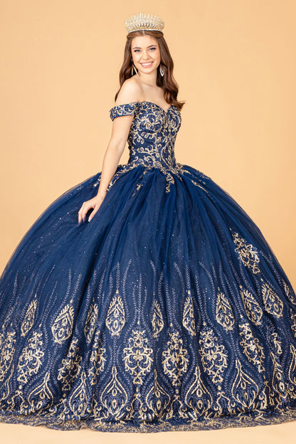Glitter Mesh w/ Sequin and Beads Long Quinceanera Dress GLGL3079-2
