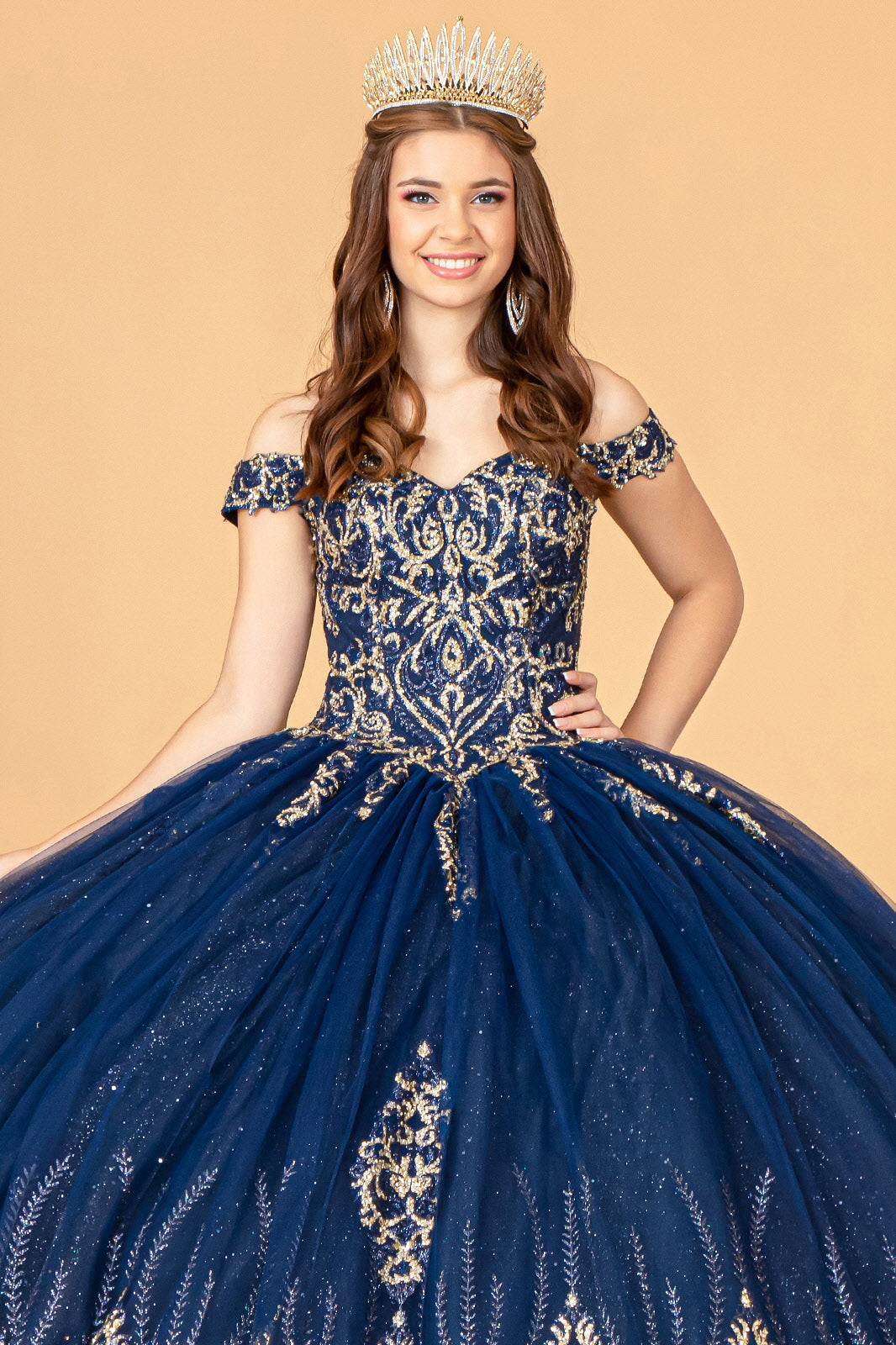 Glitter Mesh w/ Sequin and Beads Long Quinceanera Dress GLGL3079-3