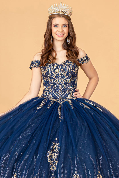 Glitter Mesh w/ Sequin and Beads Long Quinceanera Dress GLGL3079-3