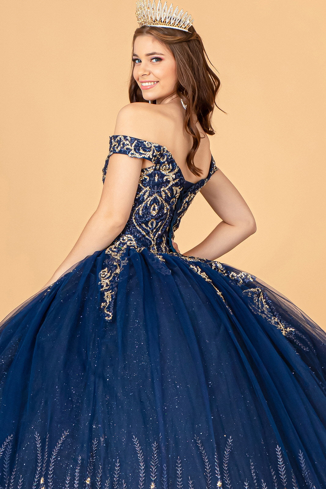 Glitter Mesh w/ Sequin and Beads Long Quinceanera Dress GLGL3079-4