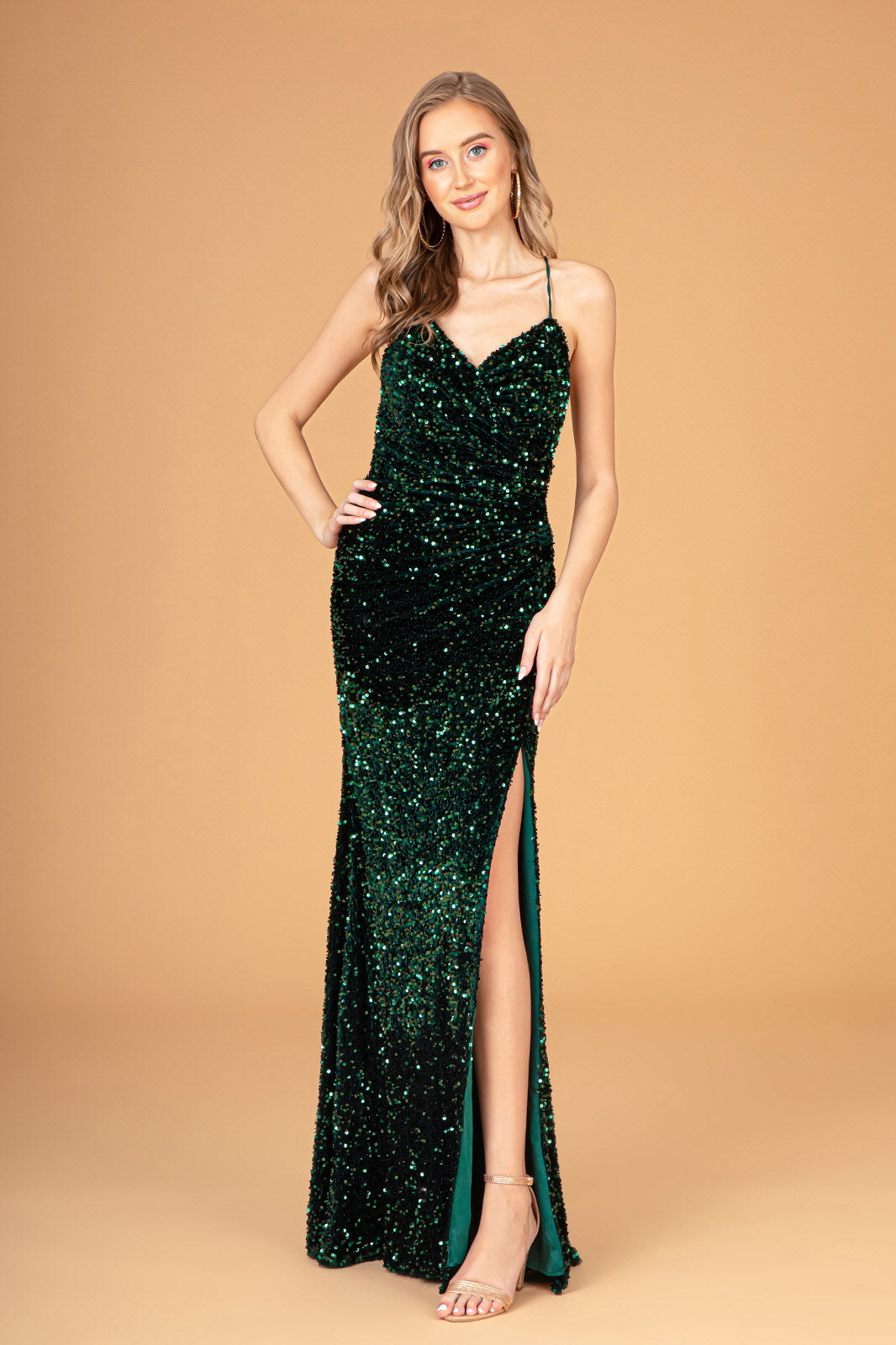 V-Neck Sequin Velvet Sheath Party Gown with Lace Up Back and Leg Slit GLGL3080-6