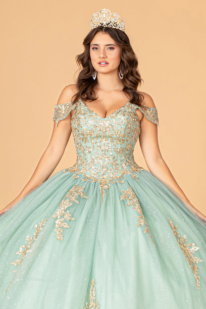 Gold Embroidered Mesh w/ Corset Back Quinceanera Ball Dress GLGL3100-2