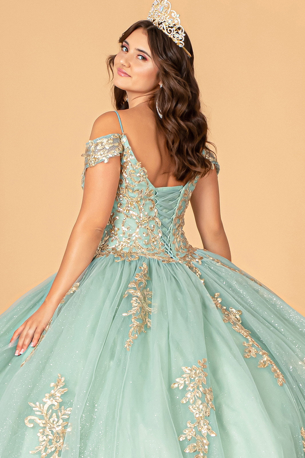 Gold Embroidered Mesh w/ Corset Back Quinceanera Ball Dress GLGL3100-3