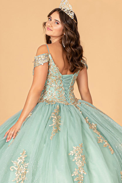 Gold Embroidered Mesh w/ Corset Back Quinceanera Ball Dress GLGL3100-3
