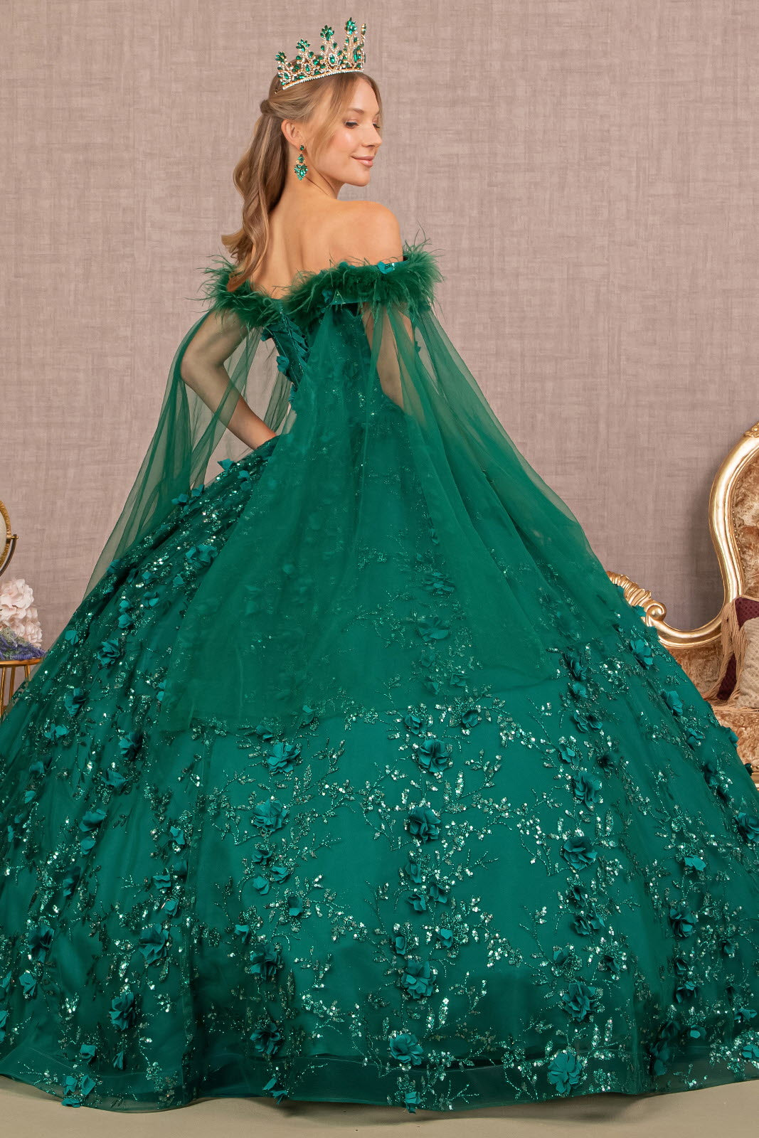 Mesh w/ Side Drape and Detachable Feather Embellishment Quinceanera Dress GLGL3101-1