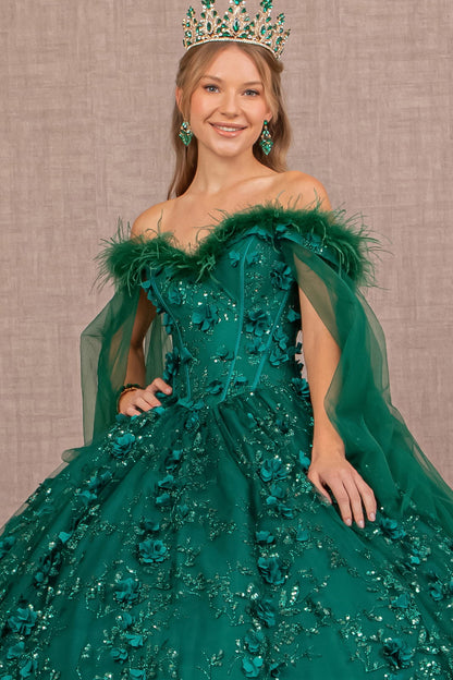 Mesh w/ Side Drape and Detachable Feather Embellishment Quinceanera Dress GLGL3101-2