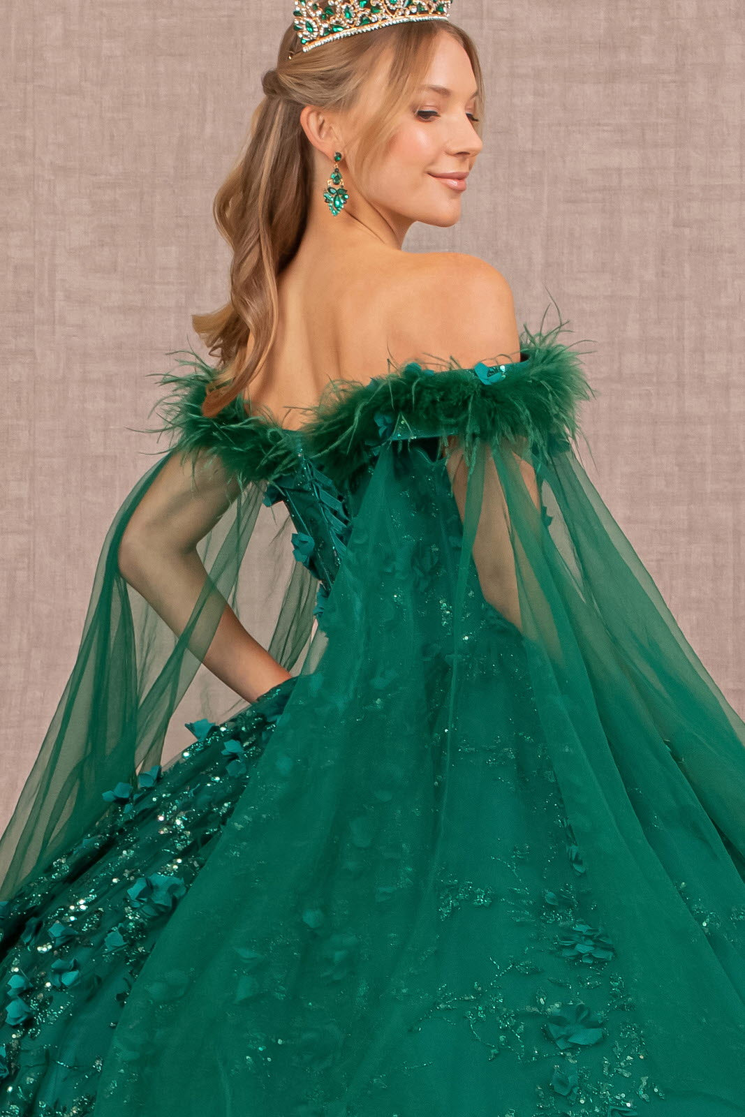 Mesh w/ Side Drape and Detachable Feather Embellishment Quinceanera Dress GLGL3101-3