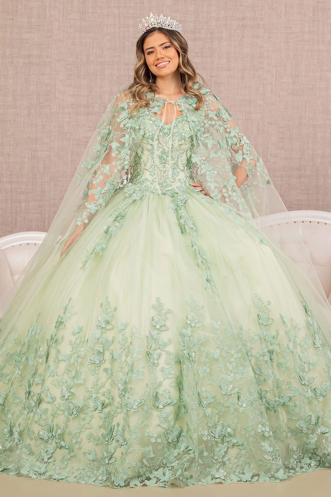 Jewel Mesh w/ 3D Butterfly Appliques and Long Mesh Cape Quinceanera Dress GLGL3104-5