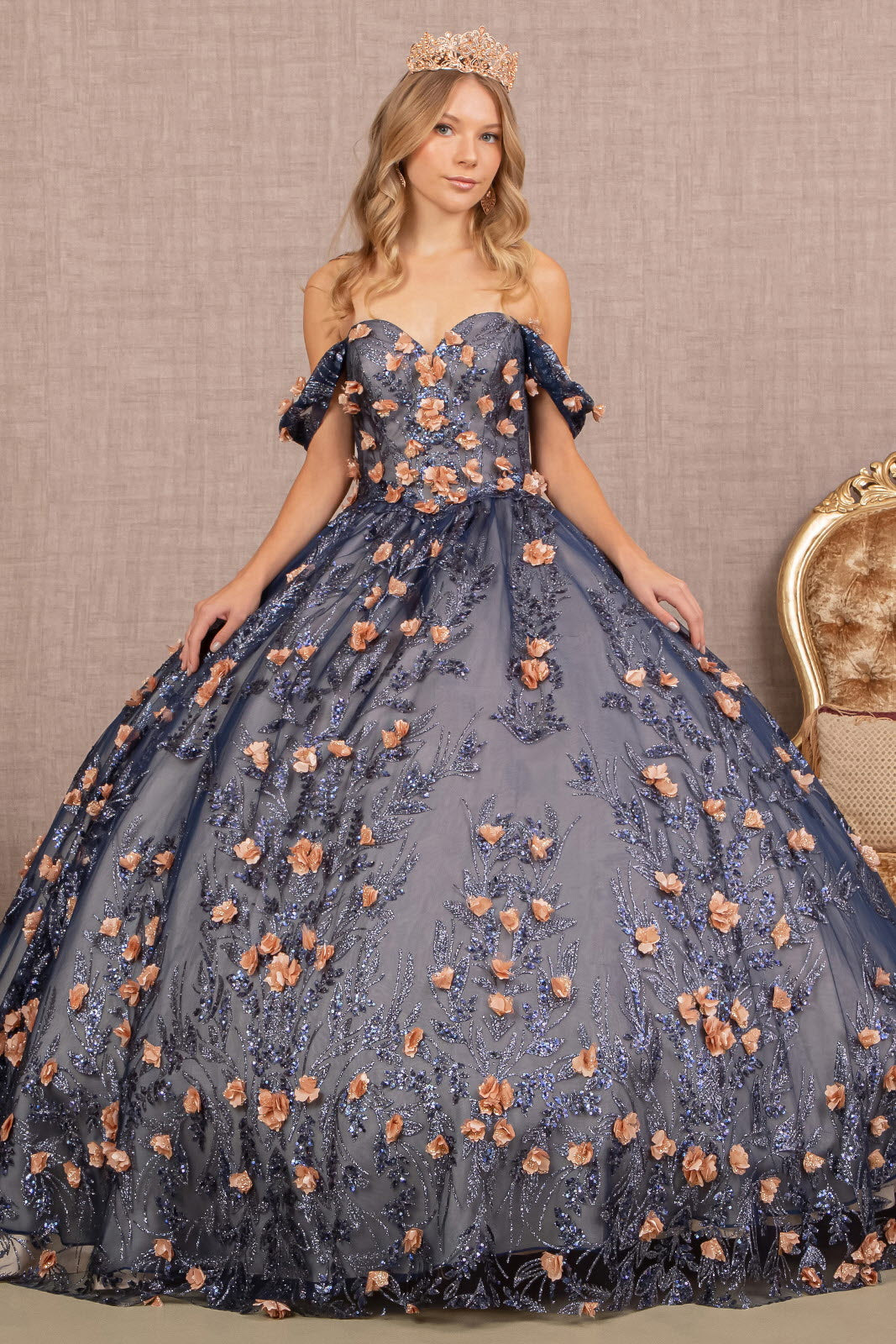 3D Flower Applique Glitter Off Shoulder Mesh Quinceanera Dress GLGL3106-0