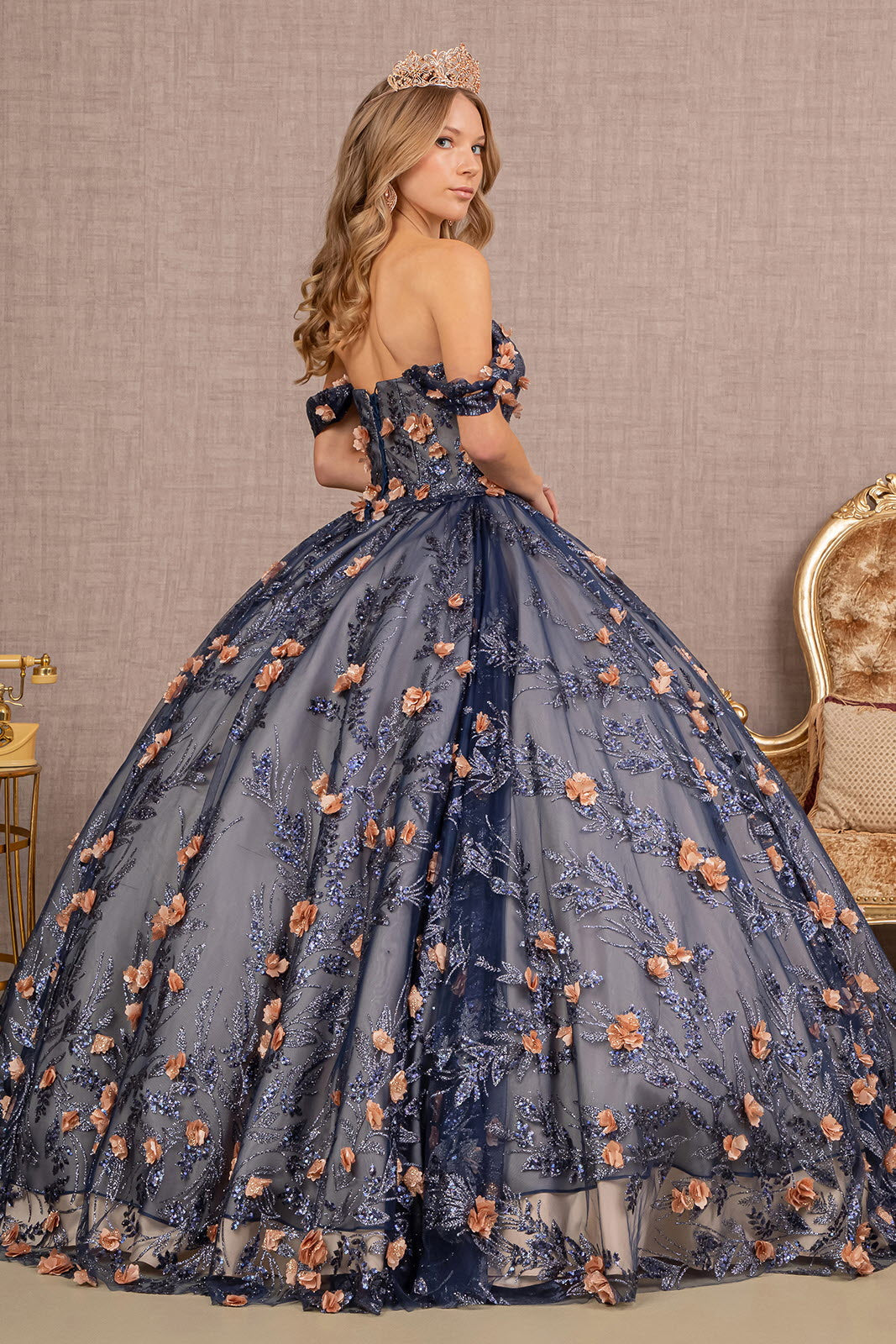 3D Flower Applique Glitter Off Shoulder Mesh Quinceanera Dress GLGL3106-1