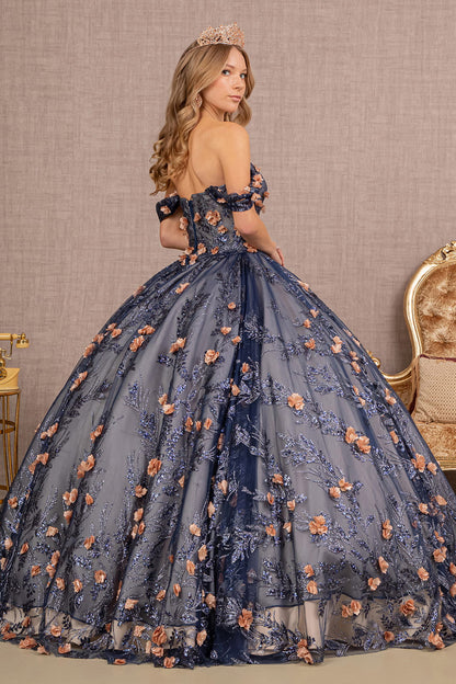 3D Flower Applique Glitter Off Shoulder Mesh Quinceanera Dress GLGL3106-1