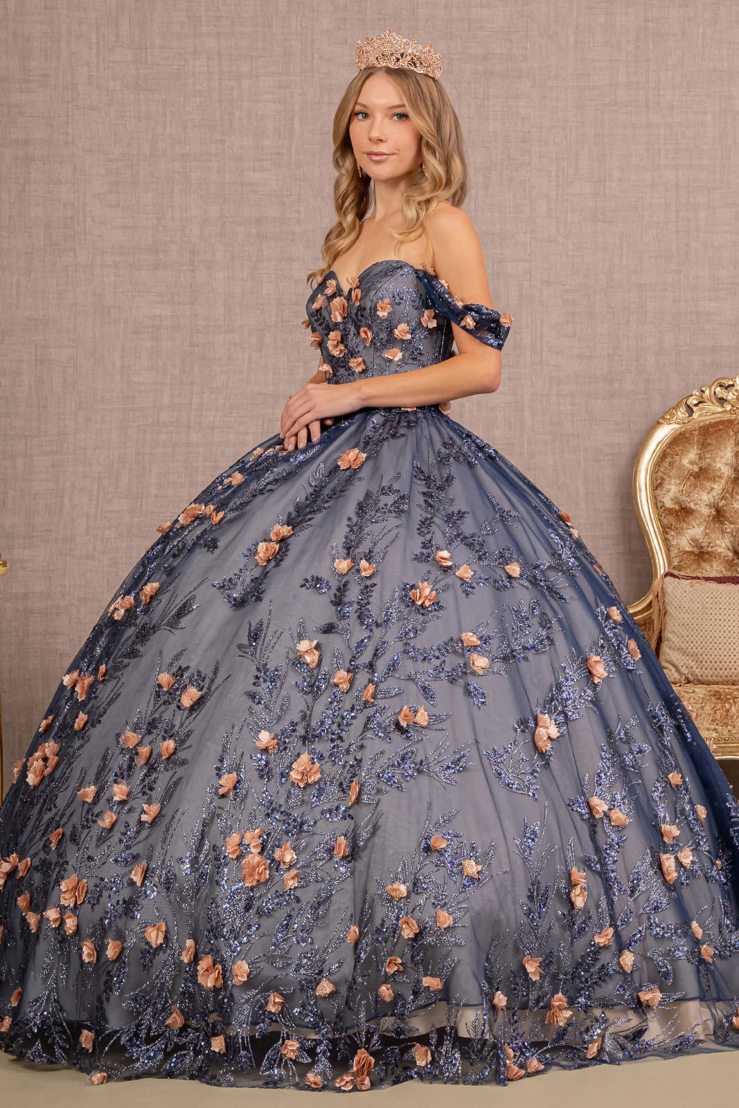 3D Flower Applique Glitter Off Shoulder Mesh Quinceanera Dress GLGL3106-2