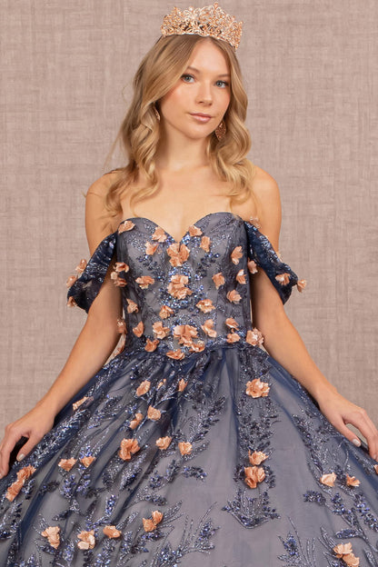 3D Flower Applique Glitter Off Shoulder Mesh Quinceanera Dress GLGL3106-3