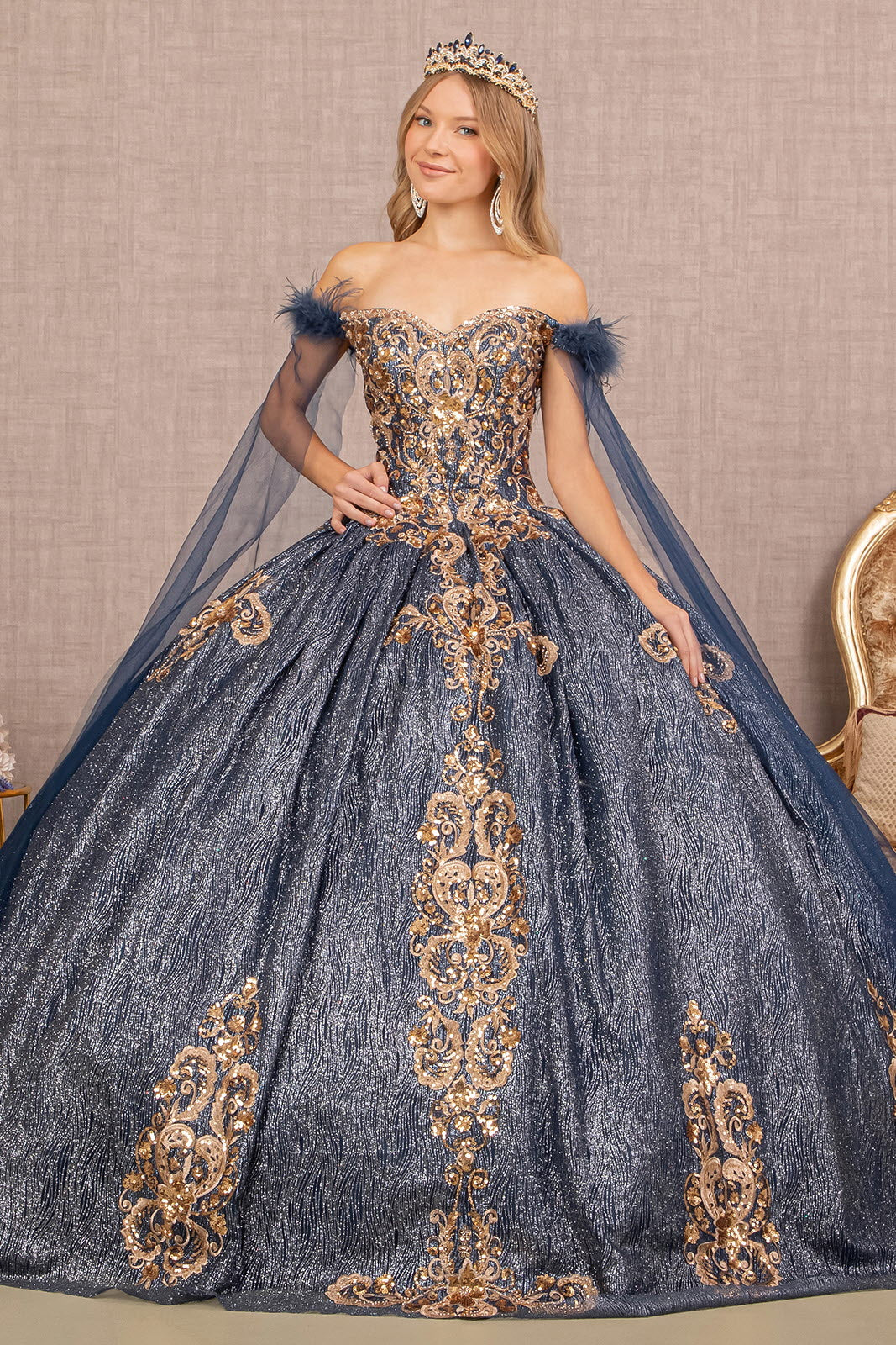Feather Sequin w/ Detachable Side Mesh Layer Quinceanera Dress GLGL3107-0