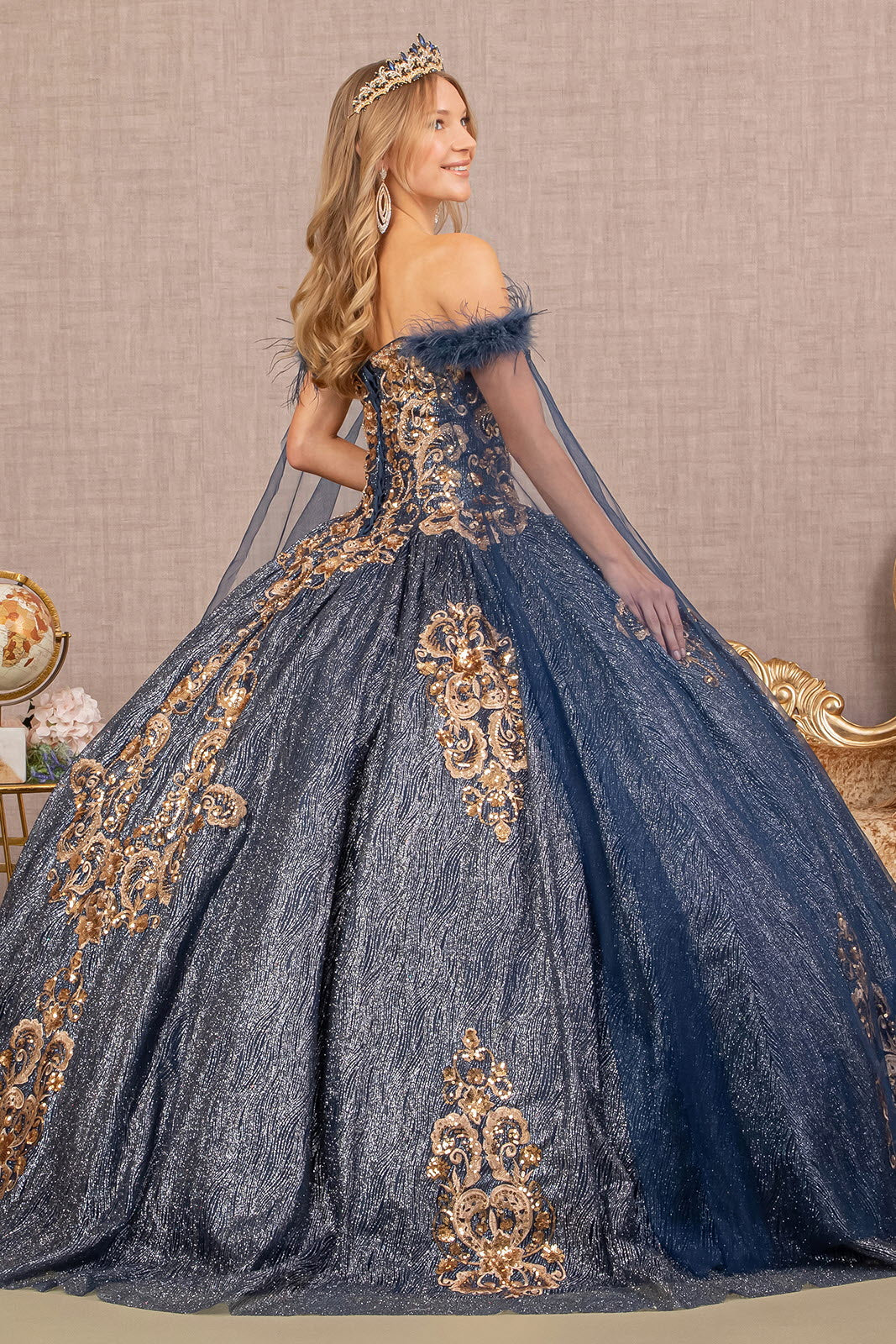 Feather Sequin w/ Detachable Side Mesh Layer Quinceanera Dress GLGL3107-1