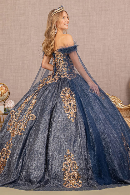 Feather Sequin w/ Detachable Side Mesh Layer Quinceanera Dress GLGL3107-1