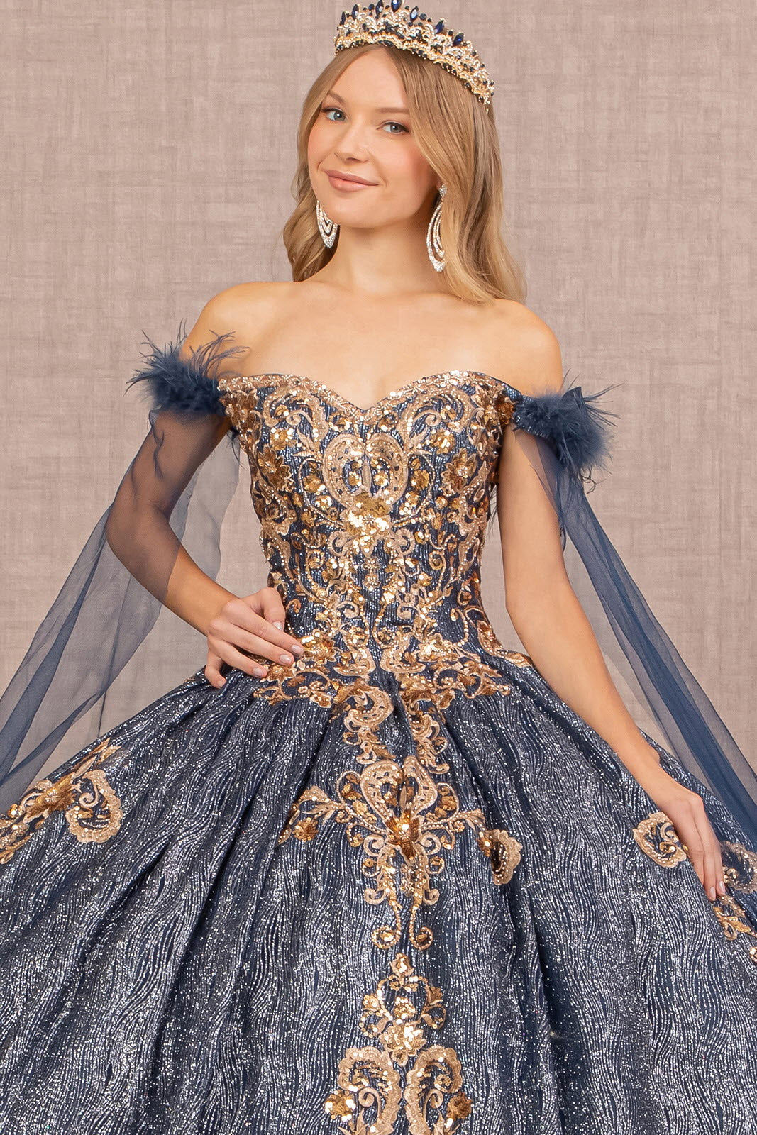 Feather Sequin w/ Detachable Side Mesh Layer Quinceanera Dress GLGL3107-2