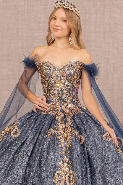 Feather Sequin w/ Detachable Side Mesh Layer Quinceanera Dress GLGL3107-2