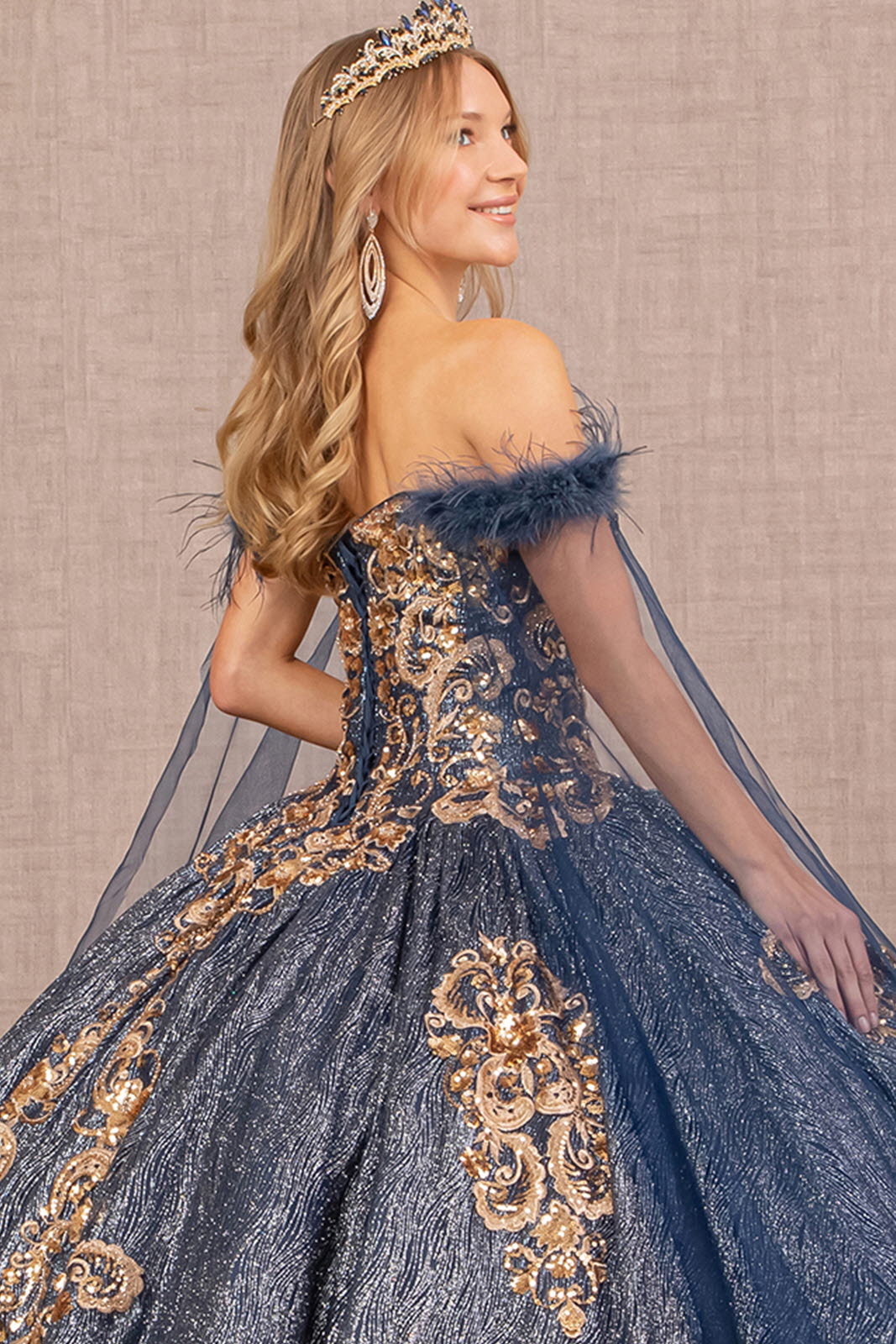Feather Sequin w/ Detachable Side Mesh Layer Quinceanera Dress GLGL3107-3