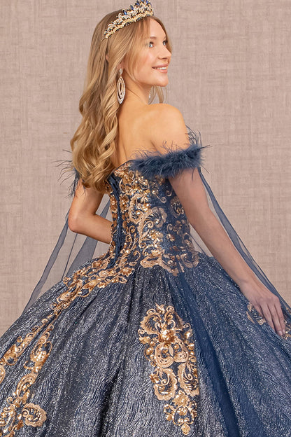 Feather Sequin w/ Detachable Side Mesh Layer Quinceanera Dress GLGL3107-3