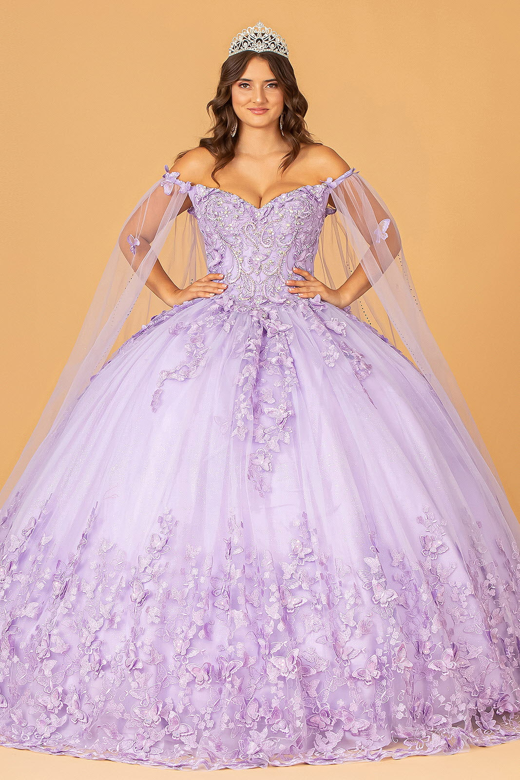 3D Butterfly Applique Glitter w/ Long Mesh Layer Quinceanera Dress GLGL3110-1