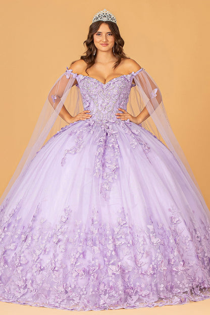 3D Butterfly Applique Glitter w/ Long Mesh Layer Quinceanera Dress GLGL3110-1