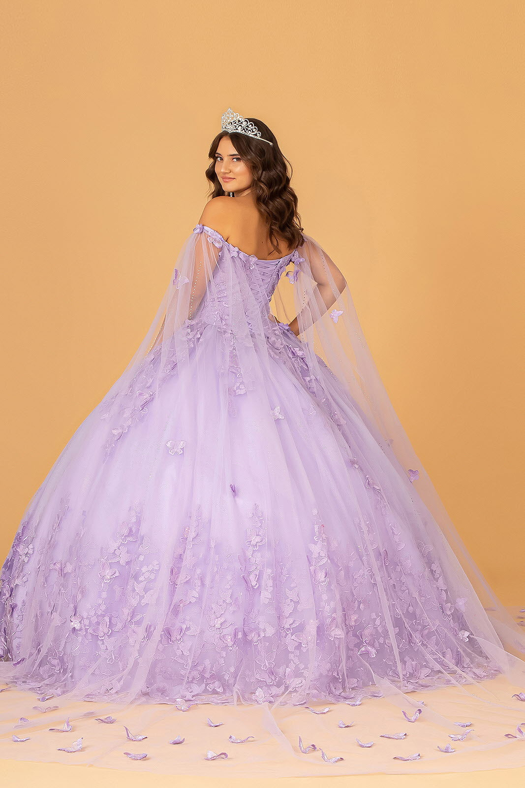 3D Butterfly Applique Glitter w/ Long Mesh Layer Quinceanera Dress GLGL3110-2