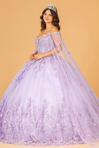 3D Butterfly Applique Glitter w/ Long Mesh Layer Quinceanera Dress GLGL3110-3
