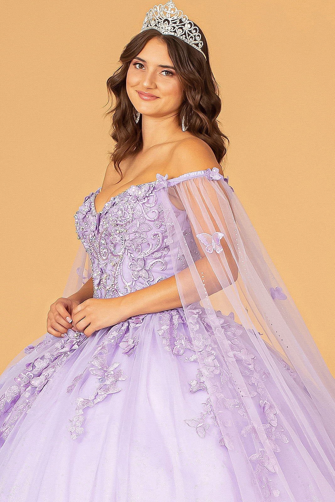 3D Butterfly Applique Glitter w/ Long Mesh Layer Quinceanera Dress GLGL3110-4