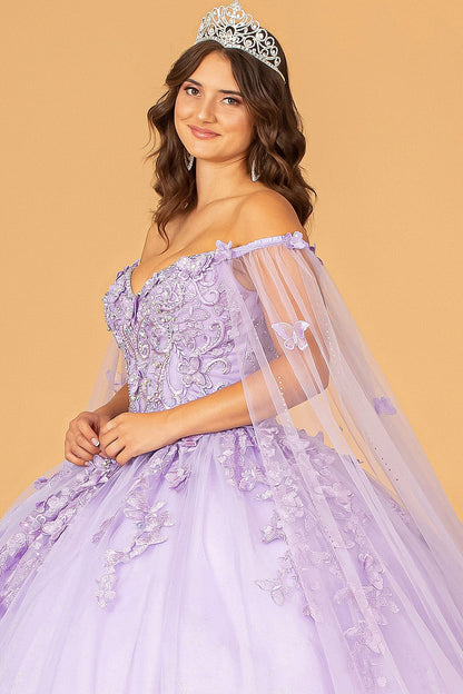 3D Butterfly Applique Glitter w/ Long Mesh Layer Quinceanera Dress GLGL3110-4