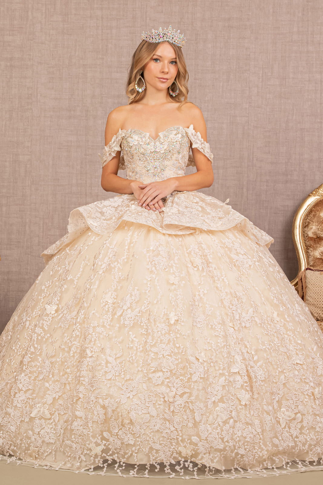 Jewel 3D Butterfly Applique Off Shoulder Mesh Quinceanera Dress GLGL3112-0