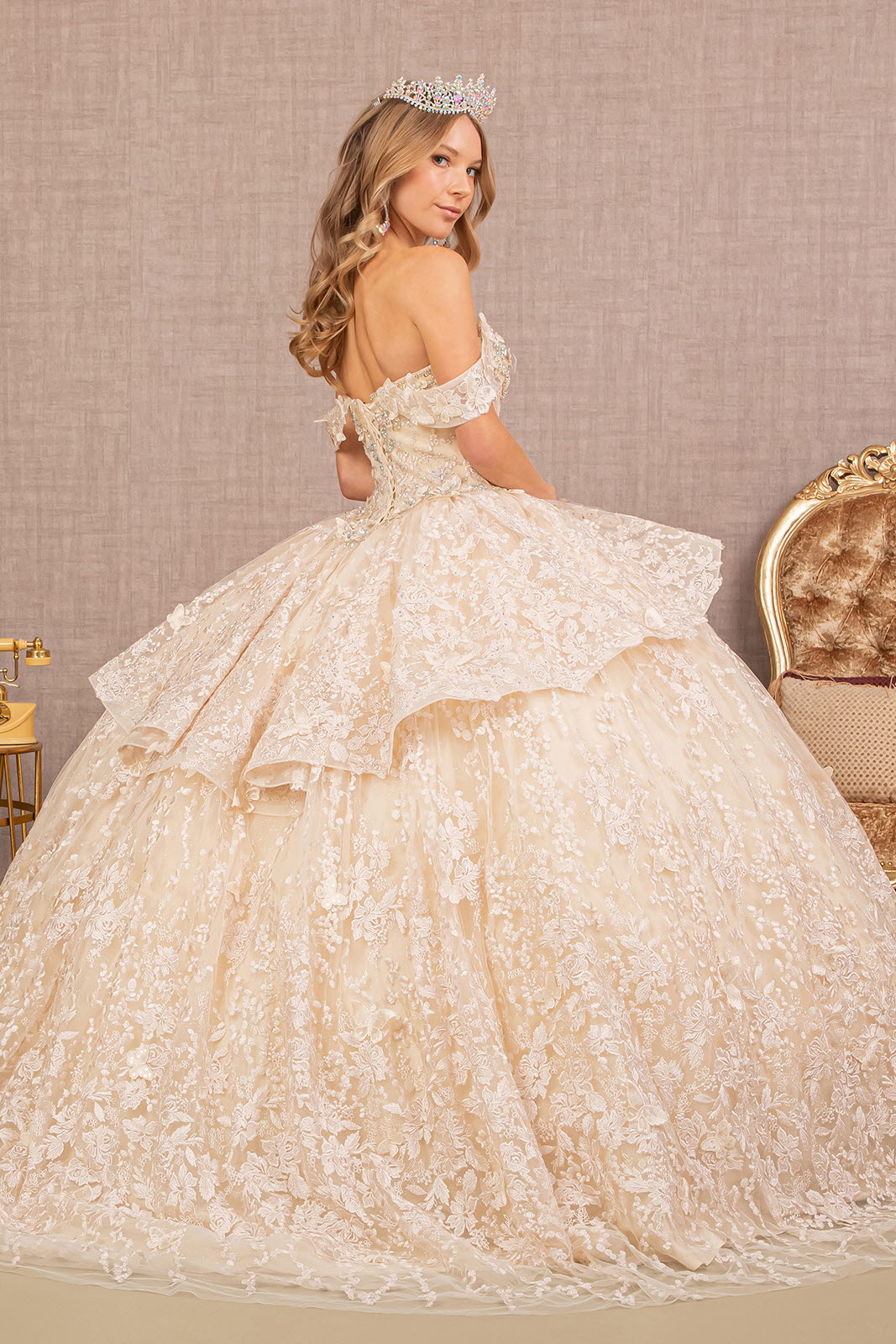 Jewel 3D Butterfly Applique Off Shoulder Mesh Quinceanera Dress GLGL3112-1