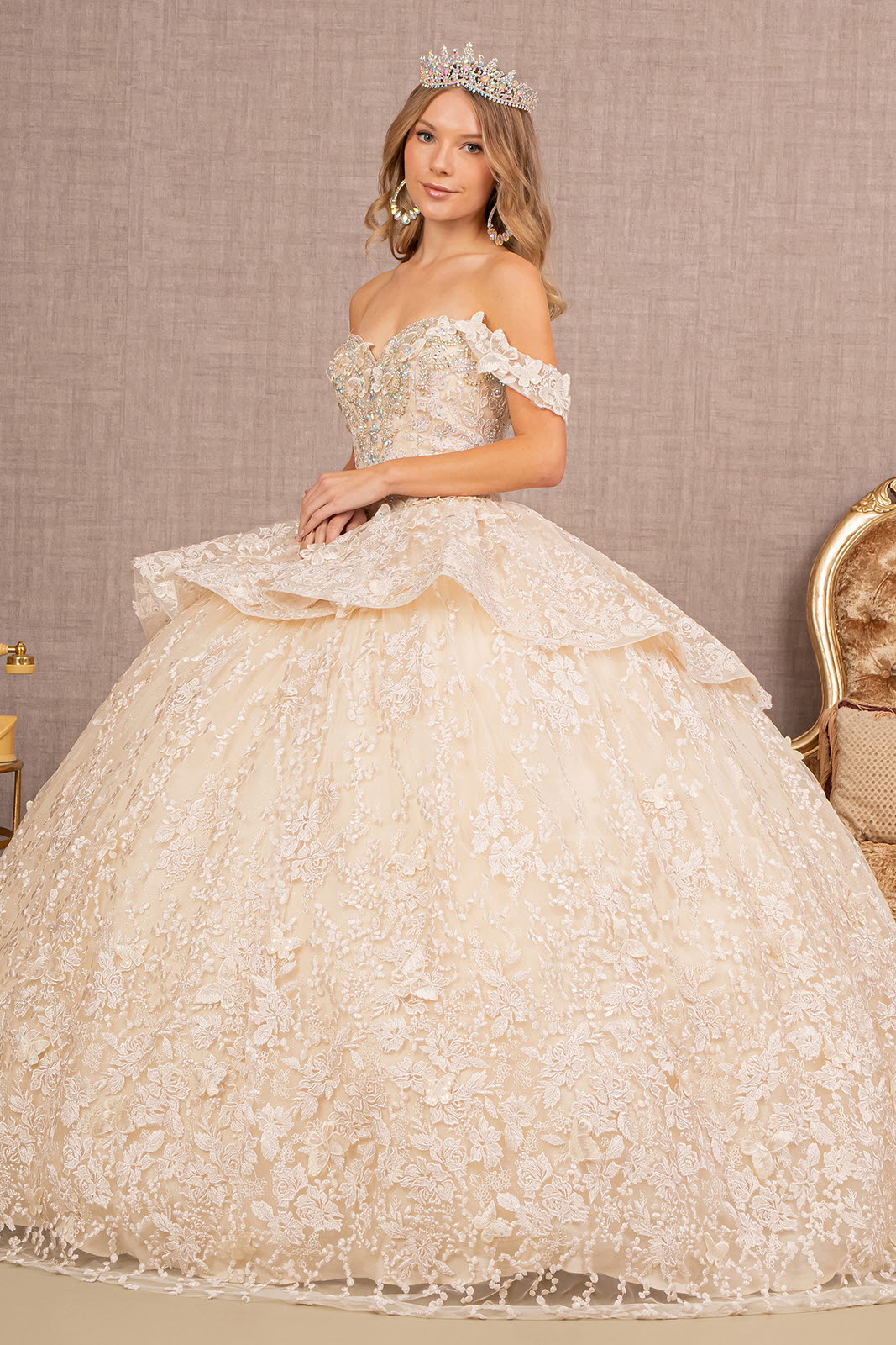 Jewel 3D Butterfly Applique Off Shoulder Mesh Quinceanera Dress GLGL3112-2