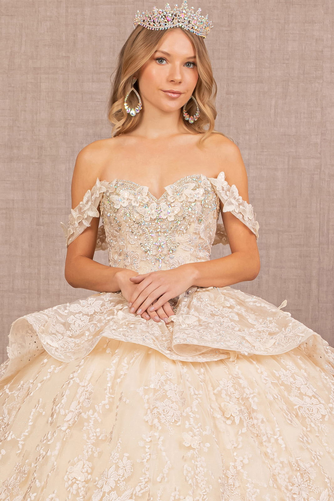 Jewel 3D Butterfly Applique Off Shoulder Mesh Quinceanera Dress GLGL3112-3