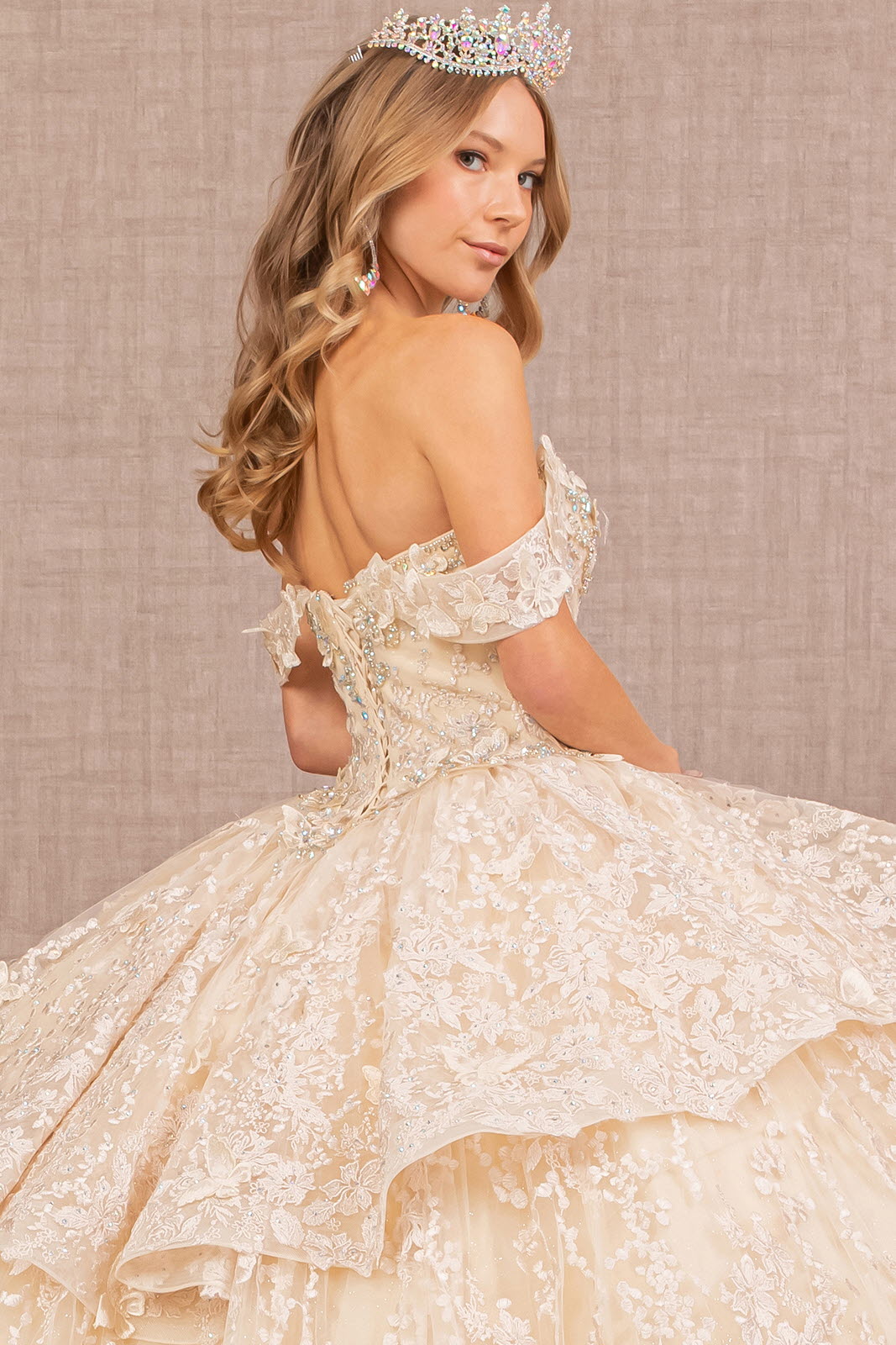 Jewel 3D Butterfly Applique Off Shoulder Mesh Quinceanera Dress GLGL3112-4