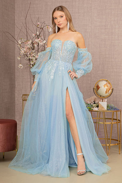 Sequin Glitter Sheer Bodice Illusion Sweetheart A-line Mesh Long Prom Dress GLGL3118-5